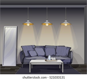 Part of the interior. Gray wall with a blue sofa and a coffee table and decorative lights. Vector drawing in hand drawn style.