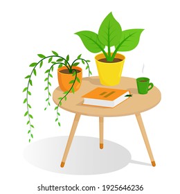 Part of the interior with house plants. Coffee table with a book and a cup of coffee. Colored cartoon objects on a white.