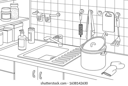 Part of the interior of the kitchen with a sink for washing dishes, a pan, tile and shelves. Black and white contour vector illustration.