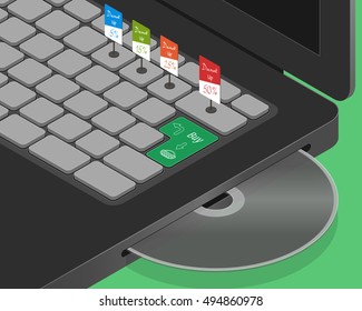 Part isometric notebook. Button 'buy' press down. Set of discounts.