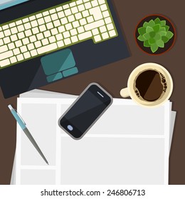 Part of keyboard with cell phone, chancellery and plant in flat design