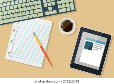 Part of keyboard with paper, tablet and cup of coffee in flat design