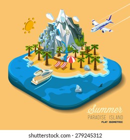 Part of the land to the sea and the mountains, palm trees and a yacht, paradise, summer vacation, sea, ocean, on the beach. Travel, hop on a plane. Vector work flat isometric 3D concept.