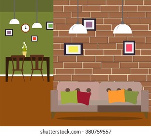 Part of living room with sofa and brick wall