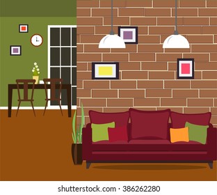Part of living room with sofa and brick wall