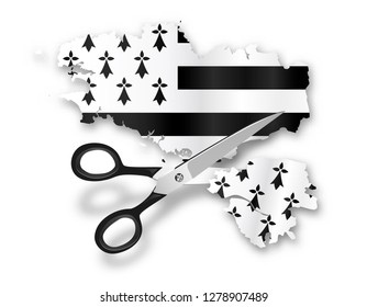 Part with Nantes cut out by scissors from map of Brittany to Loire Atlantique