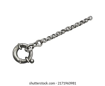 Part of necklace or pocket watch chain with claw clasp lock, hand drawn engraving vector illustration isolated on white background. Chain jewelry accessory.