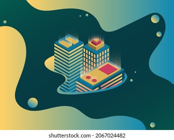 Part of the neon city in a rounded frame. On a green background with gradient design elements. Isometric