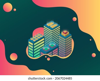 Part of the neon city in a rounded frame. On a green background with gradient design elements. Isometric