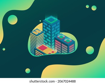 Parte de la ciudad neón en un marco redondeado. En un fondo verde con elementos de diseño de degradado. Isometric