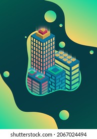 Parte de la ciudad neón en un marco redondeado. En un fondo verde con elementos de diseño de degradado. Isometric