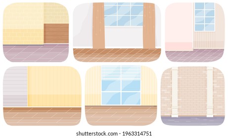 Part of premises, living room or corridor, beige hall with brick wall and window set of six illustrations. Columns, curtains hang next to framed glass window. Interior design of room in an apartment