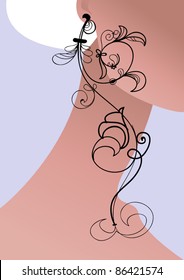 Part of the profile of a girl with earrings and a necklace handmade