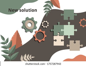 Part of the puzzle and gears on the background with leaves. The concept of teamwork, collaboration, finding a solution. Vector illustration for business design.
