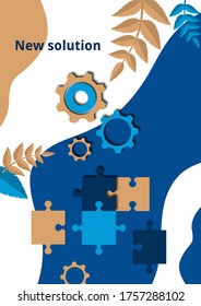 Part of the puzzle and gears on the background with leaves. The concept of teamwork, collaboration, finding a solution. Vector illustration for business design.