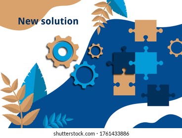 Parte del rompecabezas y engranajes en el fondo con hojas. El concepto de trabajo en equipo, colaboración, búsqueda de una solución. Ilustración vectorial para el diseño empresarial.