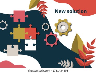 Part of the puzzle and gears on the background with leaves. The concept of teamwork, collaboration, finding a solution. Vector illustration for business design.