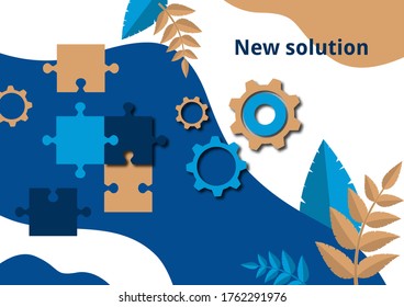 Parte del rompecabezas y engranajes en el fondo con hojas. El concepto de trabajo en equipo, colaboración, búsqueda de una solución. Ilustración vectorial para el diseño empresarial.