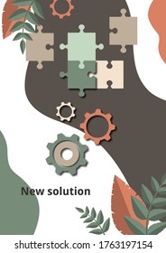 Part of the puzzle and gears on the background with leaves. The concept of teamwork, collaboration, finding a solution. Vector illustration for business design.