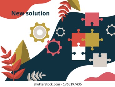 Part of the puzzle and gears on the background with leaves. The concept of teamwork, collaboration, finding a solution. Vector illustration for business design.