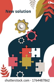 Parte del rompecabezas y engranajes en el fondo con hojas. El concepto de trabajo en equipo, colaboración, búsqueda de una solución. Ilustración vectorial para el diseño empresarial.