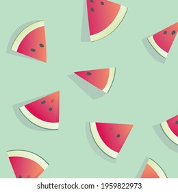 A part of red watermelon cut into cross-section pieces, each showing small black seeds and a fresh, juicy texture. The vibrant green rind contrasts beautifully with the soft color background, perfect 
