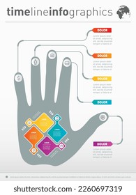 Part of the report with human hand and icons set. Business presentation concept with five options. Vector infographic of technology or education process. Web Template of a chart.