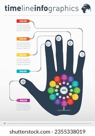 Parte del informe con la mano humana y el conjunto de iconos. Concepto de presentación de negocios con doce opciones e iconos. Infografía de tecnología o proceso educativo.