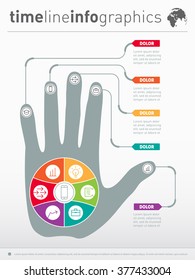 Part of the report with human hand and icons set. Business concept with five options. Vector infographic of technology or education process. Web Template of a chart, diagram or presentation.