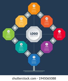 Part of the report with icons set.  Business concept with 8 variations and 16 icons. Web Template of chart, diagram or presentation. Mind map. Infographic of technology or education process.