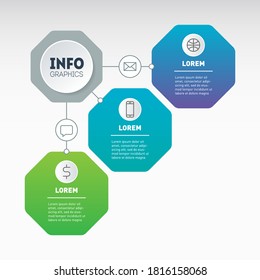 Parte del informe con iconos configurados. Plantilla de gráfico o presentación de tres octagones. Infografía del proceso tecnológico o educativo de 3 partes. 