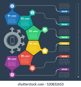 Part of the report with icons set. Vector infographic of technology or education process. Business concept with six options. Web Template of a chart, diagram or presentation on dark background.
