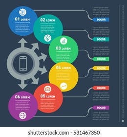 Part of the report with icons set. Vector infographic of technology or education process. Business concept with six options. Web Template of a chart, diagram or presentation on dark background
