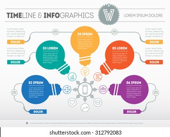 Part of the report with logo, icons set and stylized lamps. Business concept with 5 options. Vector infographic of technology or education process. Web Template of a pyramidal diagram or presentation.