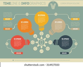 Part of the report with logo, icons set and stylized bulbs. Business concept with 5 options. Vector infographic of technology or education process. Web Template of a pyramidal diagram or presentation.