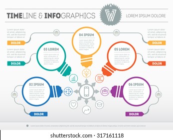 Part of the report with logo, icons set and stylized lamps. Business concept with 5 options. Vector infographic of technology or education process. Web Template of a pyramidal diagram or presentation