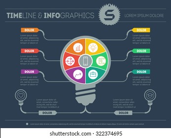 Part of the report with logo and icons set. Business concept with six options. Vector infographic of technology or education process. Web Template of a chart, diagram or presentation with light bulb.