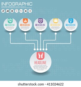 Part of the report with logo and icons set. Business concept with five options. Vector infographic of technology or education process. Web Template of a pyramidal chart, diagram or presentation.