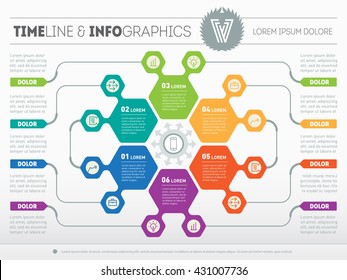 Part of the report with logo and icons set. Vector infographic of technology or education process. Business concept with six options. Web Template of a chart, diagram or presentation.