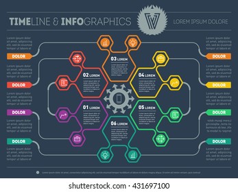 Part of the report with logo and icons set. Vector infographic of technology or education process. Business concept with six options. Web Template of a chart, diagram or presentation.
