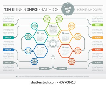 Part of the report with logo and icons set. Vector infographic of technology or education process. Business concept with five options. Web Template of a chart, diagram or presentation.