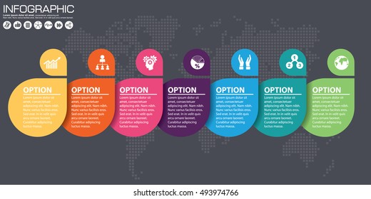 Parte del informe con el logotipo y el conjunto de iconos. Concepto de negocio con 7 opciones. Infografía vectorial de tecnología o proceso educativo. Plantilla web de un gráfico, diagrama o presentación piramidal.