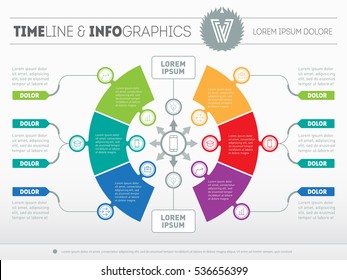 Part Of The Report With Logo And Icons Set. Vector Infographic Of Technology Or Education Process. Business Concept With Six Options. Web Template Of A Circle Infochart, Diagram Or Presentation