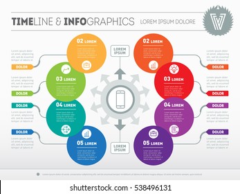 Part of the report with logo and icons set. Vector infographic of technology or education process. Business concept with 8 options. Web Template of a circle infochart, diagram or presentation