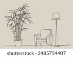 Part of the room. Sofa, plants in pots and a picture on the wall. Linear sketch of an interior