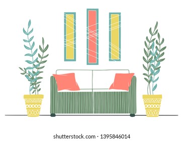 Part of the room. Sofa, plants in pots and a picture on the wall. Hand drawn vector illustration of a sketch style.