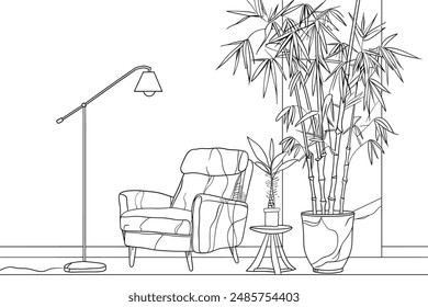 Part of the room. Sofa, plants in pots and a picture on the wall. Linear sketch of an interior