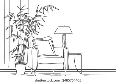 Part of the room. Sofa, plants in pots and a picture on the wall. Linear sketch of an interior