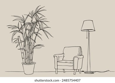 Part of the room. Sofa, plants in pots and a picture on the wall. Linear sketch of an interior