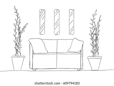 Part of the room. Sofa, plants in pots and a picture on the wall. Hand drawn sketch. Vector illustration.
